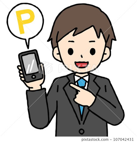 A man in a suit gives information on points with a smartphone in one hand A man in a suit gives information on points with a smartphone in one hand 107042431