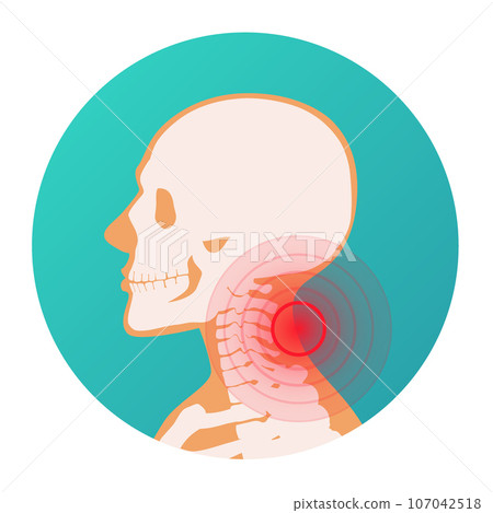 Red circle pain localization in the neck of the human body, skeleton, joints and bones 107042518