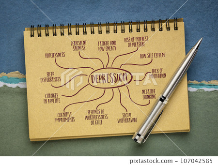 depression infographics or mind map sketch in a spiral notebook, emotional and psychological phenomenon 107042585