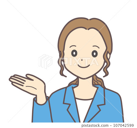 A woman in a suit making a hand sign pointing to the side A woman in a suit making a hand sign pointing to the side 107042599