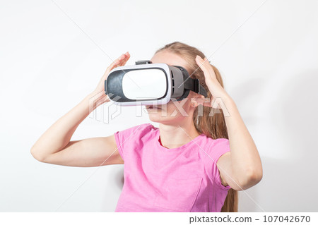 Young woman looking at futuristic social network map concept 107042670