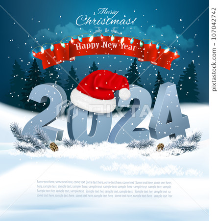 Holiday Christmas background with Santa Hat and a 2024 blue bold numbers. Vector 107042742