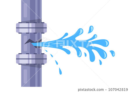 pipe burst. water flows from the hole. 107042819