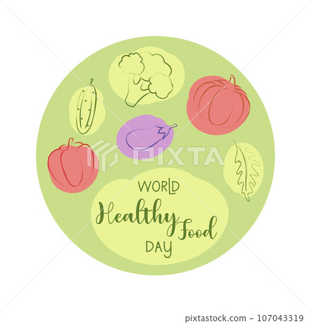 World healthy food day round green poster, doodle vegetables. World healthy food day round green poster, doodle vegetables. 107043319