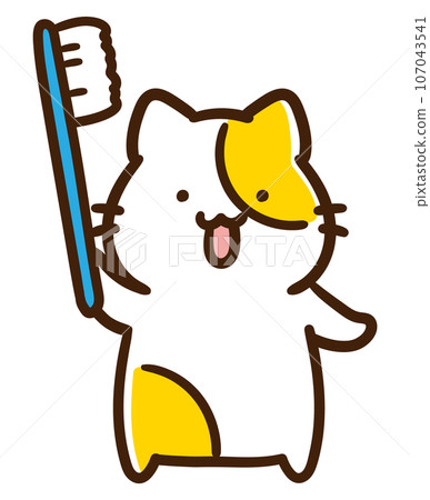 Deformed illustration of a cute cat character holding a toothbrush Deformed illustration of a cute cat character holding a toothbrush 107043541