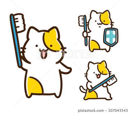 Deformed illustration set of cute cat characters that protect dental health 107043543