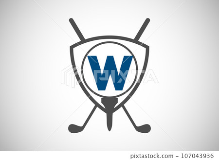 English alphabet with golf ball, golf stick and shield sign. Modern logo design for golf clubs. English alphabet with golf ball, golf stick and shield sign. Modern logo design for golf clubs. 107043936