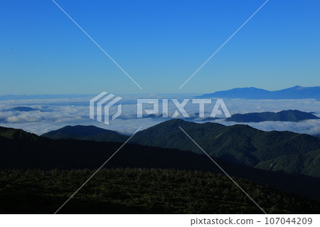 黎明的天空和山脈漂浮在雲海中 107044209