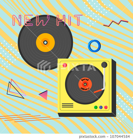 Poster with gramophone record and player.. Retro style with Memphis elements. Vector.  107044584