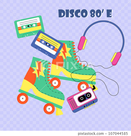 Poster with roller skates, cassette tapes and headphones. Retro style.  107044585