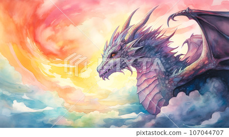 帶翅膀的溫柔龍的水彩插圖“AI 生成圖像” 107044707
