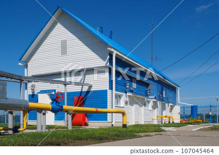 View of territory of gas distribution station from outside on sunny summer day. Industrial building 107045464