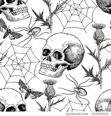 Halloween black and white seamless pattern with realistic human skull, spider web, moths and flowers. Gothic print in retro engraving style. 107045858