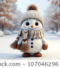 cute snowman, wearing a knitted scarf and hat 107046296