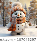 cute snowman, wearing a knitted scarf and hat 107046297