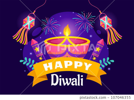 Happy Diwali Hindu Vector Illustration with Indian Rangoli and Fireworks Background for Light Festival of India in Flat Kids Cartoon Design 107046355