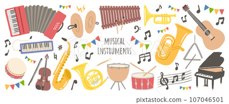 Design materials that can be used for concert posters, etc. using illustrations of musical instruments 107046501