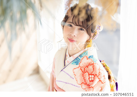 A portrait of a woman wearing a kimono with full kimono A portrait of a woman wearing a kimono with full kimono 107046551