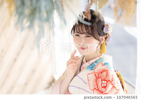 A portrait of a woman wearing a kimono with full kimono A portrait of a woman wearing a kimono with full kimono 107046565