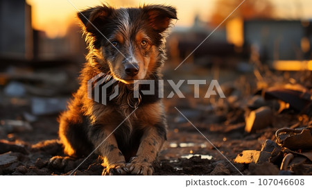 Stray Puppy on a Damaged Street in Afternoon Light - A Powerful Image for Animal Rights Advocacy, Ai generative Stray Puppy on a Damaged Street in Afternoon Light - A Powerful Image for Animal Rights Advocacy, Ai generative 107046608