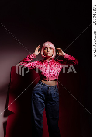 Doll woman, surreal portrait of a model with pink hair Doll woman, surreal portrait of a model with pink hair 107046875