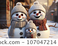 cute family snowman, wearing a knitted scarf and hat 107047214