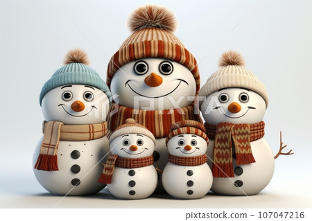cute family snowman, wearing a knitted scarf and hat cute family snowman, wearing a knitted scarf and hat 107047216