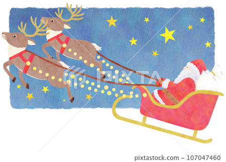 聖誕老人騎馴鹿雪橇的圖畫書風格插圖-可愛的聖誕明信片模板 聖誕老人騎馴鹿雪橇的圖畫書風格插圖-可愛的聖誕明信片模板 107047460