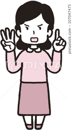 Full body illustration of an angry woman making 31 hand signs with one finger on her left hand and three fingers on her right hand 107047475