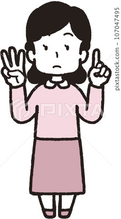 一位女士用左手一根手指、右手三根手指做 31 個手勢的全身插圖 一位女士用左手一根手指、右手三根手指做 31 個手勢的全身插圖 107047495