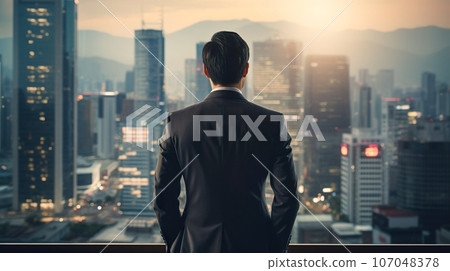 一名身穿西裝的男子從陽台上眺望城市的後視圖“人工智能生成的圖像” 107048378