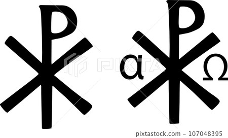 Christian monogram of Jesus Christ icon. The Savior sign. The Lord Our God symbol. Christian sacred Chi Rho symbol- Alpha and Omega version logo. flat style. 107048395