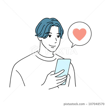 Young man looking at his smartphone and pressing "like" Young man looking at his smartphone and pressing "like" 107048570