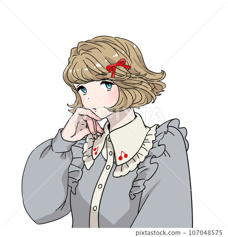 Illustration of a girlish girl wearing a bob outside, putting her hand over her mouth Illustration of a girlish girl wearing a bob outside, putting her hand over her mouth 107048575