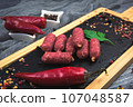 Spicy sausages with hot pepper flavor. Beautiful and appetizing sausages. 107048587
