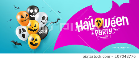 Happy Halloween party, balloon colorful fancy and bat flying design on bat shape purple banner blue background 107048776