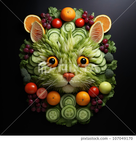Image of cat face made with vegetables and fruits on clean background. pet. Animals. Illustration, Generative AI. 107049170