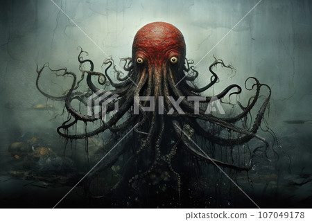 Image of an octopus demon with a frightening atmosphere. Undersea animals. Illustration, Generative AI. Image of an octopus demon with a frightening atmosphere. Undersea animals. Illustration, Generative AI. 107049178