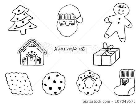 Christmas cookie set, textured colored pencils, hand drawn line art illustration Christmas cookie set, textured colored pencils, hand drawn line art illustration 107049575