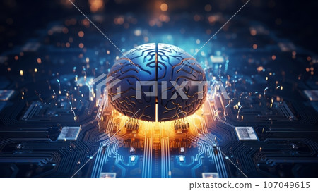 A conceptual illustration of a luminous brain enclosed in circuitry, representing the function of AI in digesting massive volumes of data and creating commercial insights. 107049615