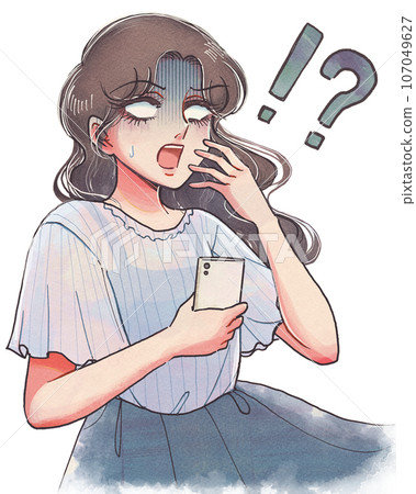 A 70s-style girl manga heroine looks shocked when she holds a smartphone. 107049627