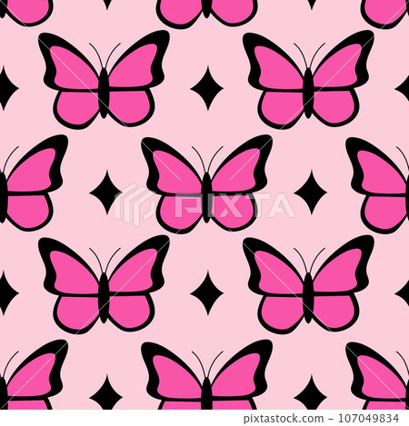 Pink emo seamless pattern with butterflies and stars. Y2k. Black and pink. Retro style of the 2000s. Pink emo seamless pattern with butterflies and stars. Y2k. Black and pink. Retro style of the 2000s. 107049834