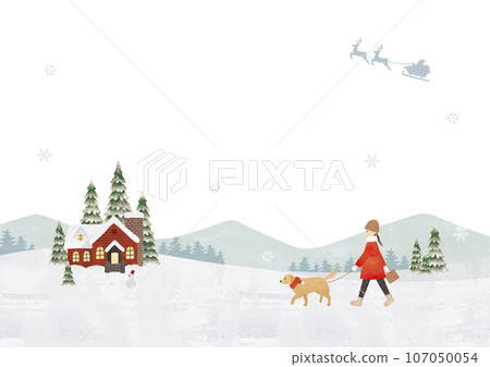 Watercolor painting of a woman walking her golden retriever on a snowy Christmas day 107050054