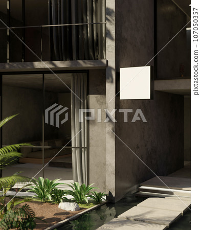 Exterior design of a modern, loft building with cement loft wall, an empty signage on the wall. 107050357