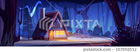 Wooden cabin in forest at night. 107050552