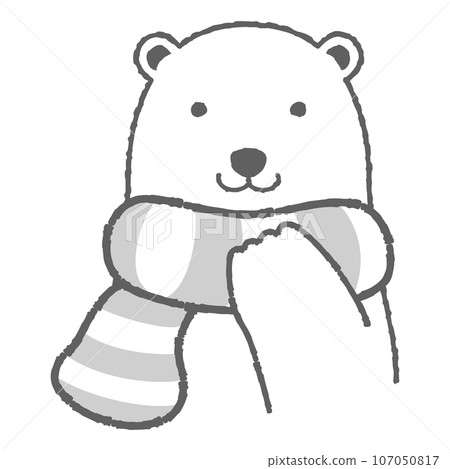 Illustration of a polar bear wearing a muffler (front face) black and white 107050817