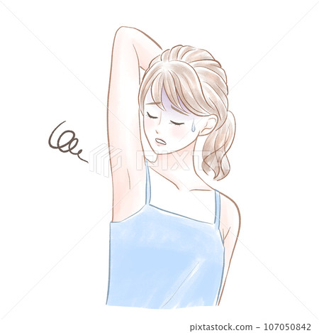 A worried woman with her arms raised and eyes closed 107050842