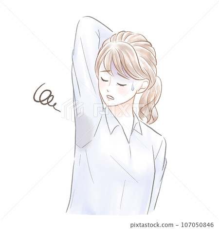 一位穿著正裝襯衫的女士擔心腋下有汗漬 一位穿著正裝襯衫的女士擔心腋下有汗漬 107050846