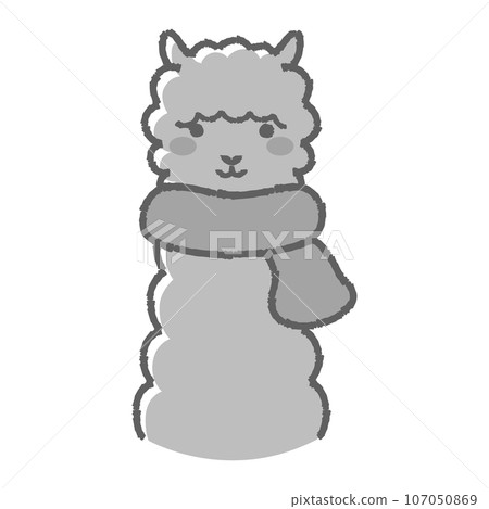 一隻毛茸茸的羊駝戴著圍巾（正面）黑白的插圖 107050869