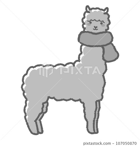 Illustration of a fluffy alpaca wrapped in a scarf (full body) black and white 107050870